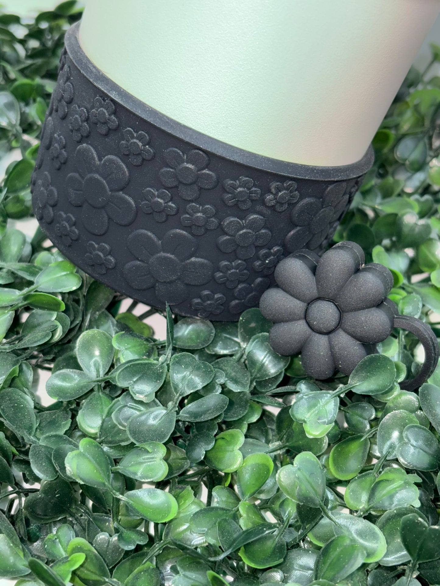 Black Floral Tumbler Boot & Straw Topper Set