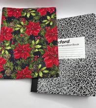 Load image into Gallery viewer, Handmade Poinsettia Composition Notebook Cover | Reusable Fabric Notebook Sleeve
