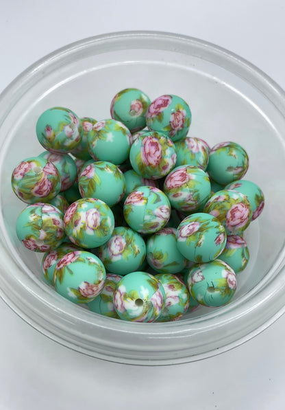 Mint and Pink Floral Silicone Beads - 15mm