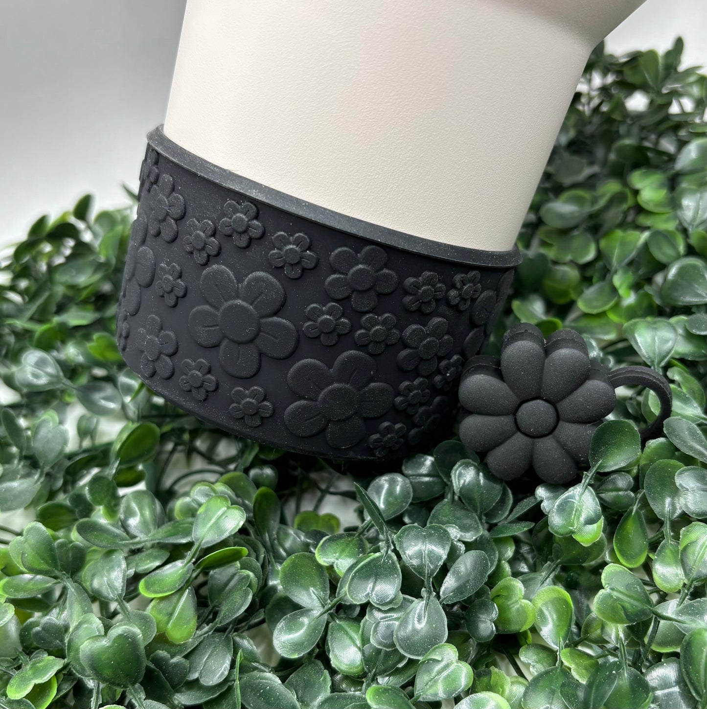 Black Flower Straw Topper and Floral Texture Tumbler Boot - Silicone Boot- Tumbler Accessories