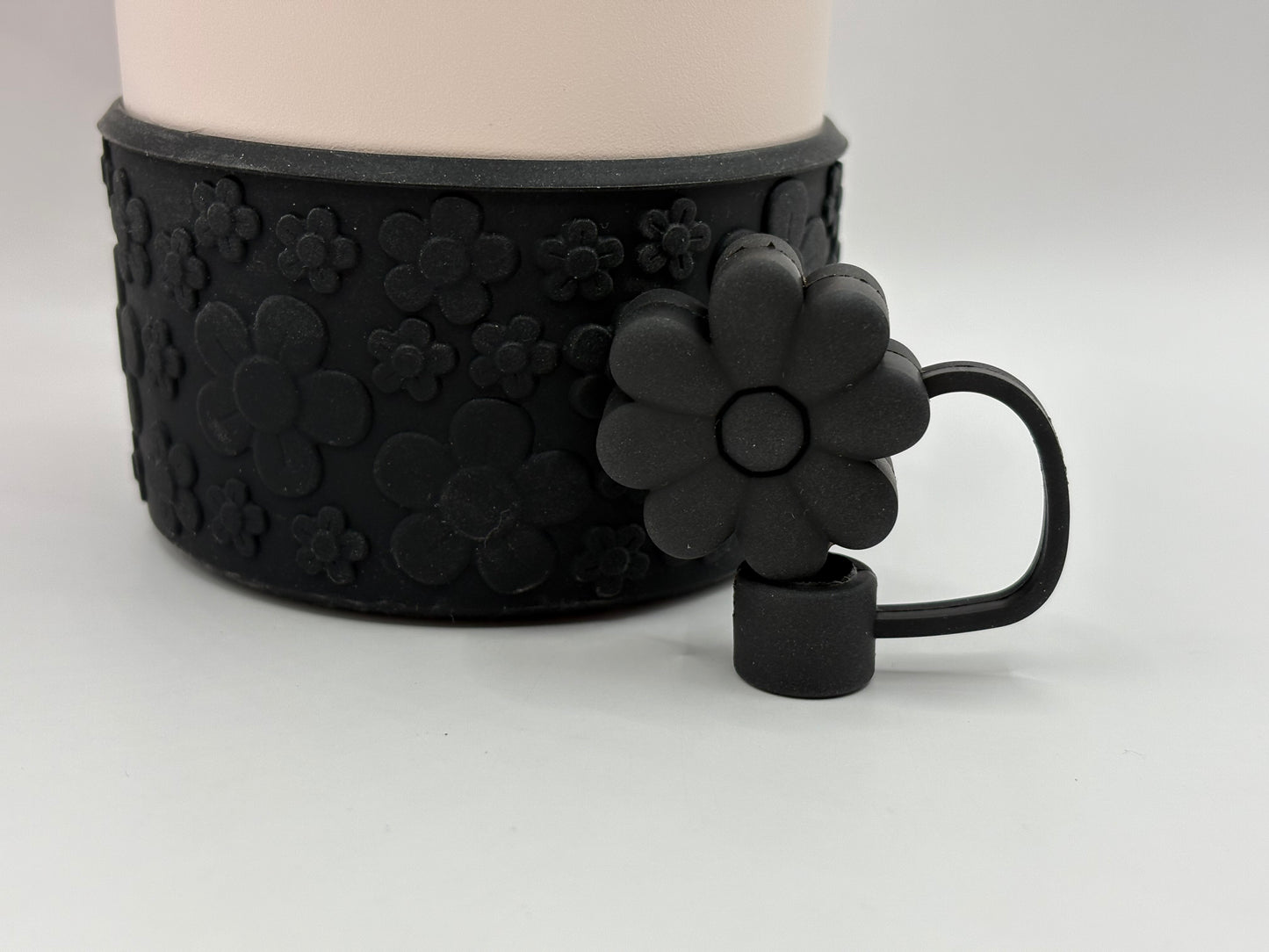 Black Flower Straw Topper and Floral Texture Tumbler Boot - Silicone Boot- Tumbler Accessories