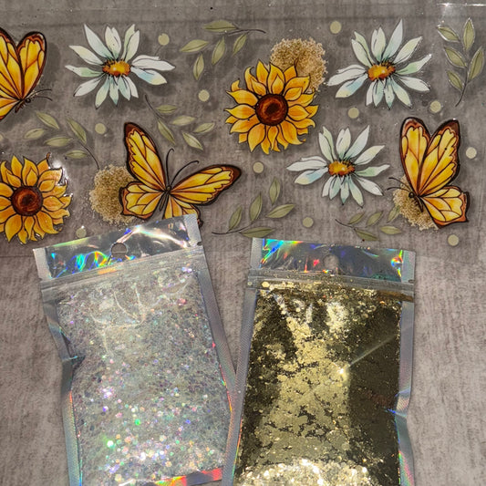 Butterfly and Flowers UV DTF 16oz cup wrap and Glitter Bundle