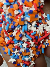 Load image into Gallery viewer, Red White and Blue  Polymer Clay Sprinkles and flags 5mm.  0.5 oz bag

