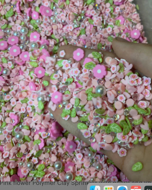 Tiny Pink Flower Polymer Clay Sprinkles, Pearls and Rhinestones Mix 0.5 oz bag