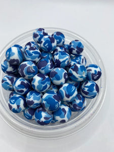 Blue Camouflage Pattern  Silicone Bead - 15mm