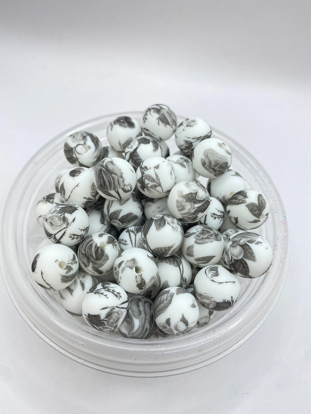 Black and White Floral Pattern Silicone Bead - 15mm