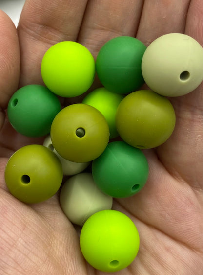 Green Bead Mix - Solid Round  Silicone Beads - 15mm - 50 Beads