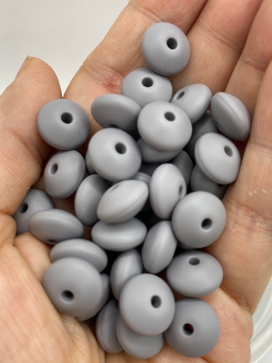 20 Gray Solid Silicone Lentil  Beads - 12mm