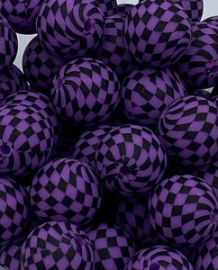 Purple Checkered  Print Silicone Beads - 15mm