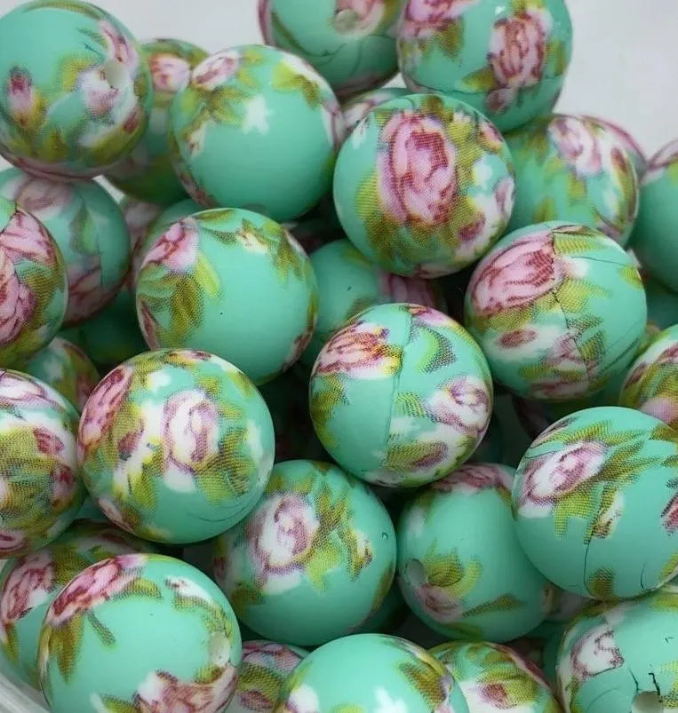 Mint and Pink Floral Silicone Beads - 15mm