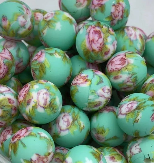 Mint and Pink Floral Silicone Beads - 15mm