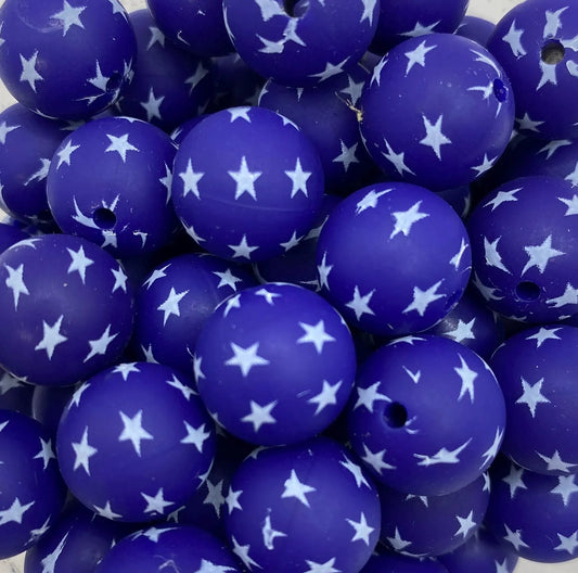 Blue Star Pattern  Silicone Beads - 15mm