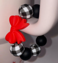 Load image into Gallery viewer, Black Plaid  with Red Bow Beaded Cup Charm - cup handle charm - tumbler charm - accessories
