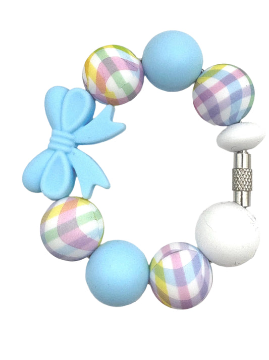 Light Blue Bow Plaid  Beaded Cup Charm - cup handle charm - tumbler charm - accessories