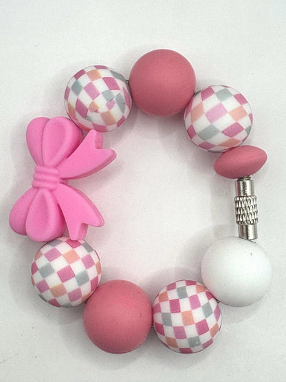 Pink Bow Checkered Beaded Cup Charm - cup handle charm - tumbler charm- accessories