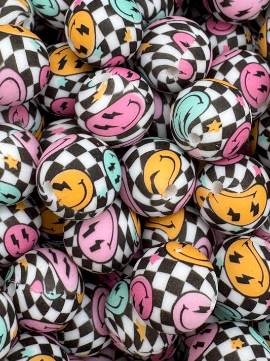 Checkered Smiley Silicone Beads