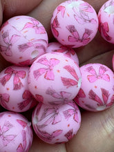 Load image into Gallery viewer, Pink Bow Print Silicone Beads - 15mm - 10 CT
