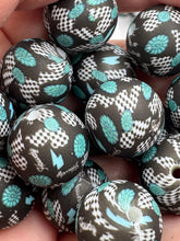 Load image into Gallery viewer, Turquoise and Black Bow Print Silicone Beads - 15mm - 10 CT
