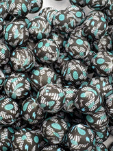 Load image into Gallery viewer, Turquoise and Black Bow Print Silicone Beads - 15mm - 10 CT

