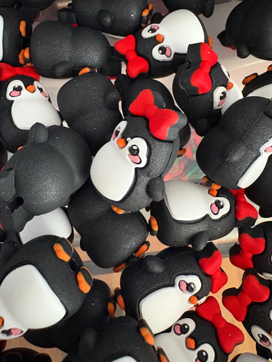 Penguin With Red Bow 3D Silicone Focal Bead